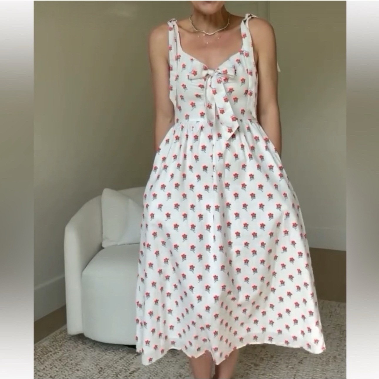 Ophelia & Indigo Tara Dress White And Red Ditsy Floral Cotton Midi Sz Xs